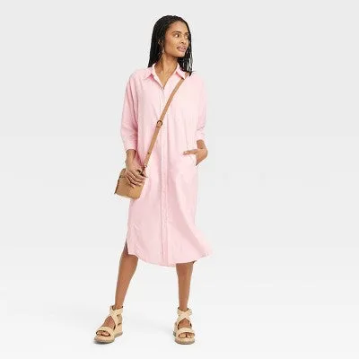 New - Women's 3/4 Sleeve Midi Shirtdress - Universal Thread Pink L