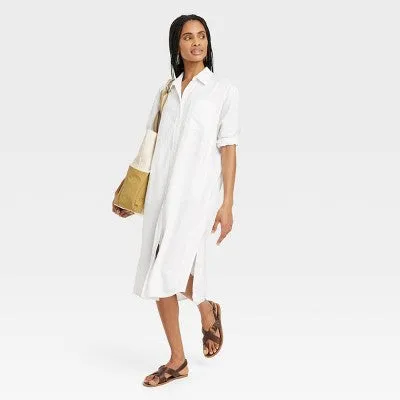 New - Women's 3/4 Sleeve Midi Shirtdress - Universal Thread White L