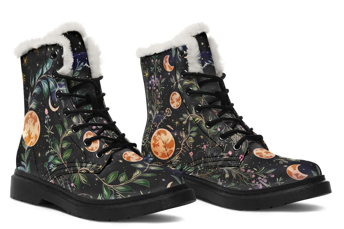 Night Blossom Winter Boots - Warm Micro-Suede Doc-Style Boots Lined with Vegan Wool