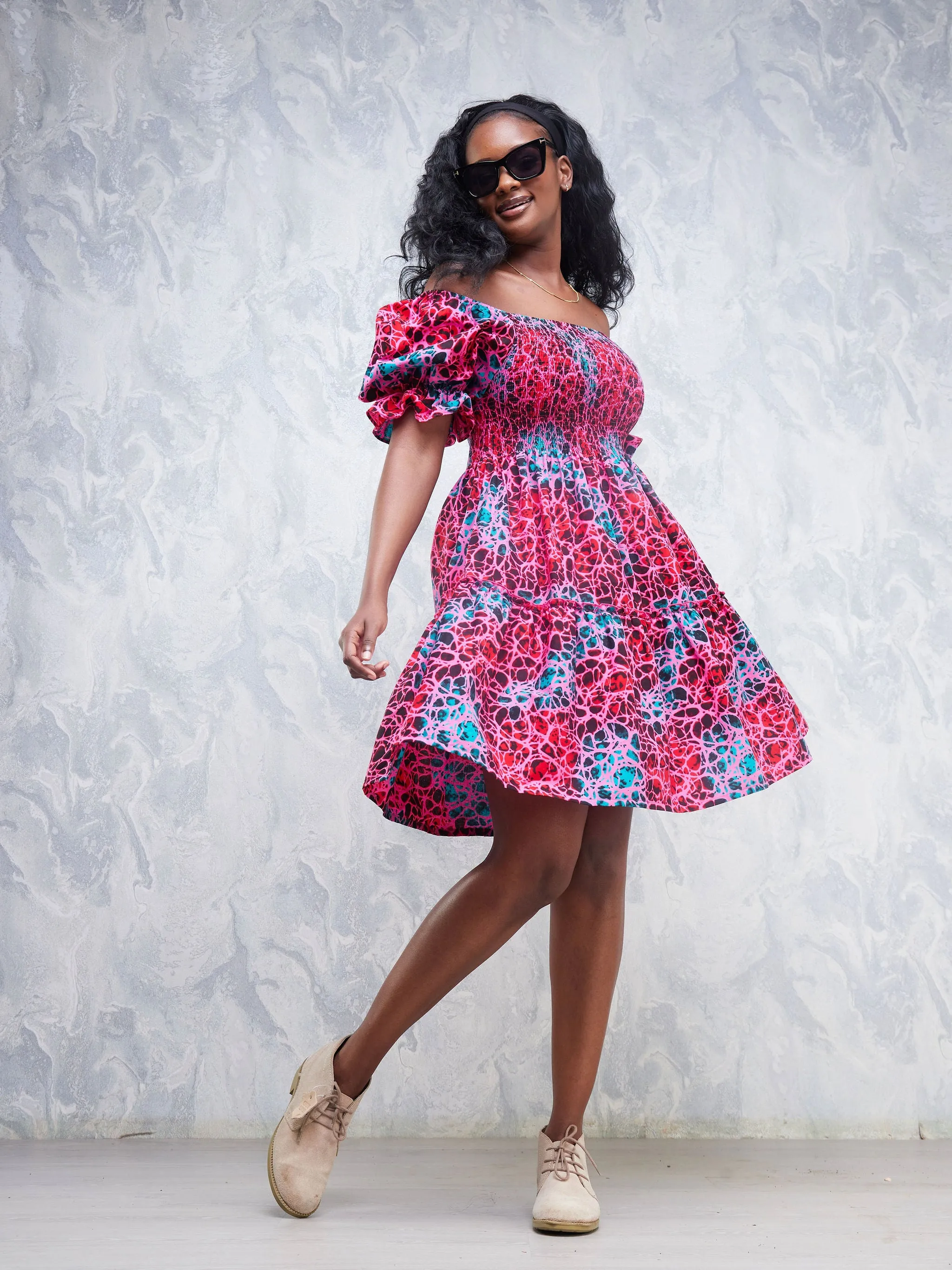 Nimali Bustier Knee Length Dress - Pink / Teal Ankara Print