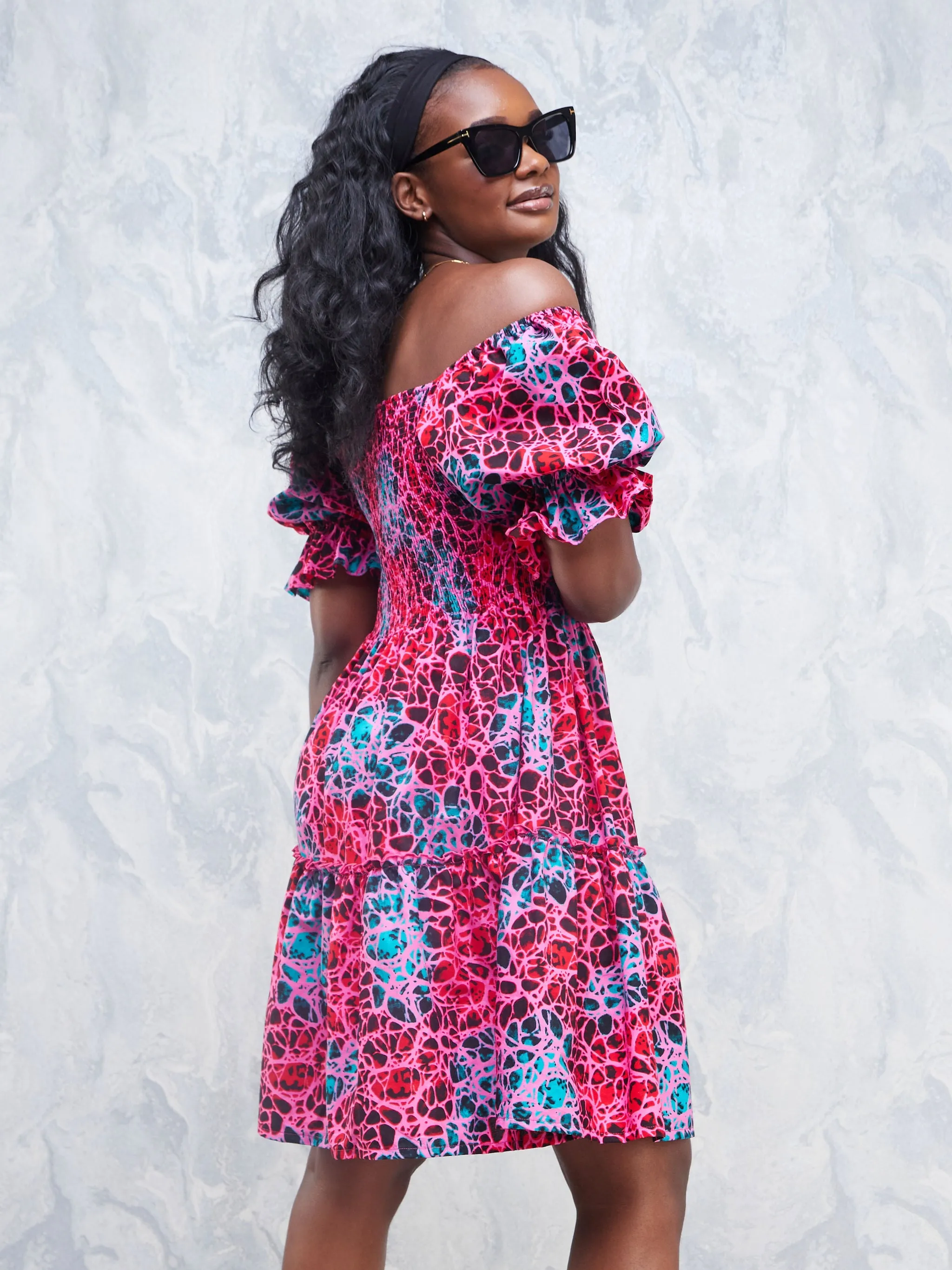 Nimali Bustier Knee Length Dress - Pink / Teal Ankara Print