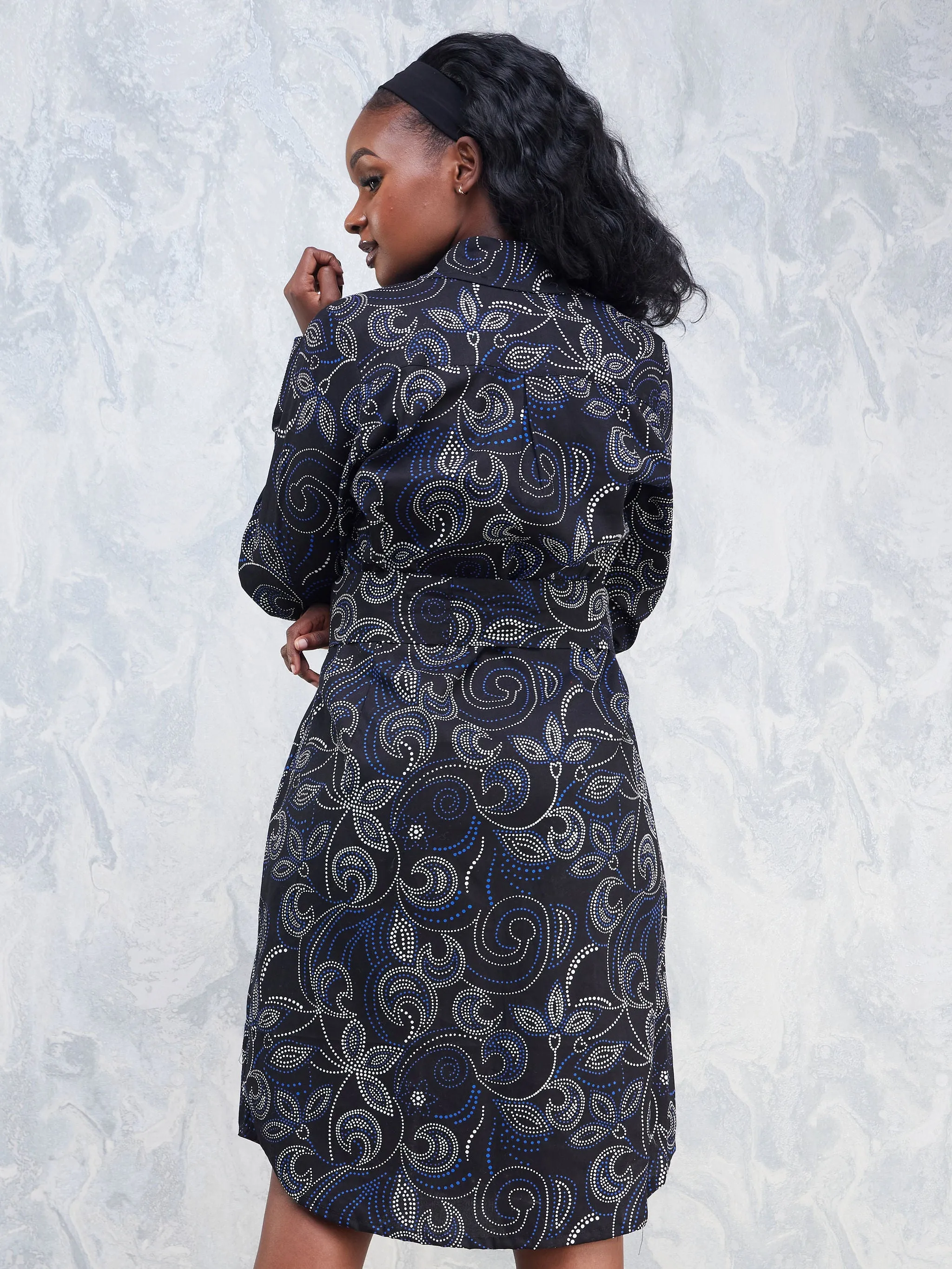 Nimali Long Sleeve Shirt Dress - Navy Blue / Black Ankara Print