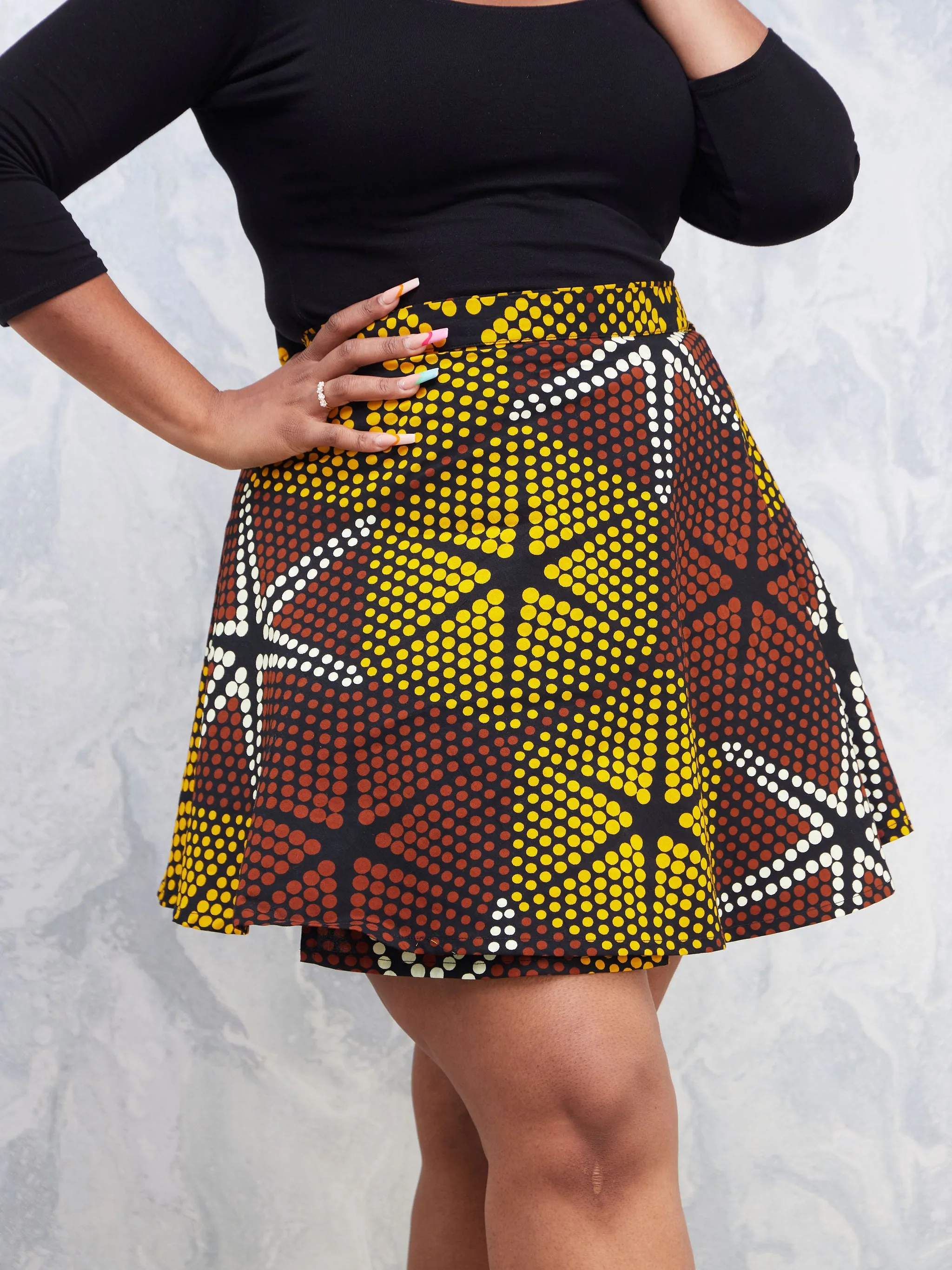 Nimali Mini A-Line Skirt - Black / Yellow Polka Ankara