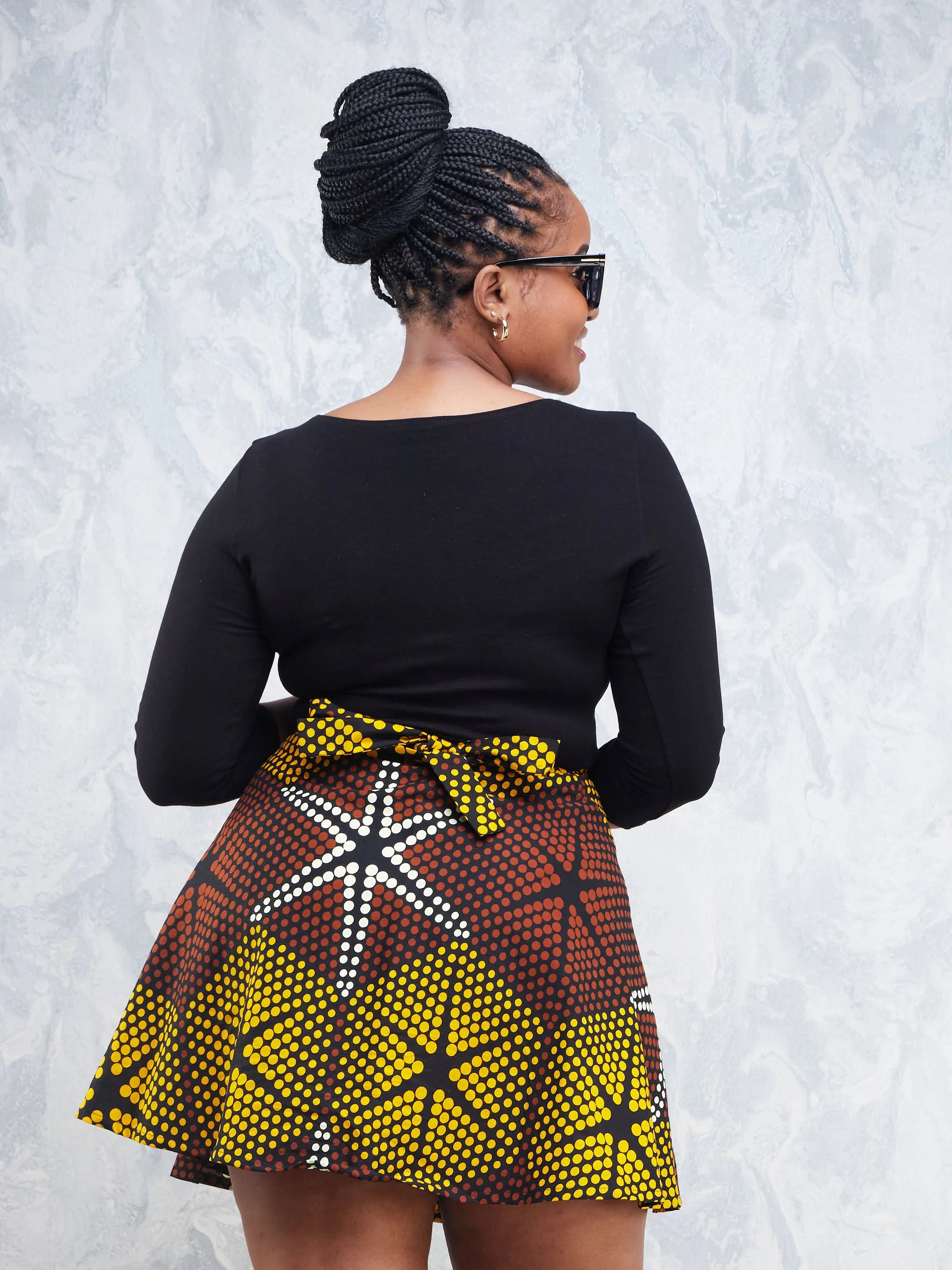 Nimali Mini A-Line Skirt - Black / Yellow Polka Ankara