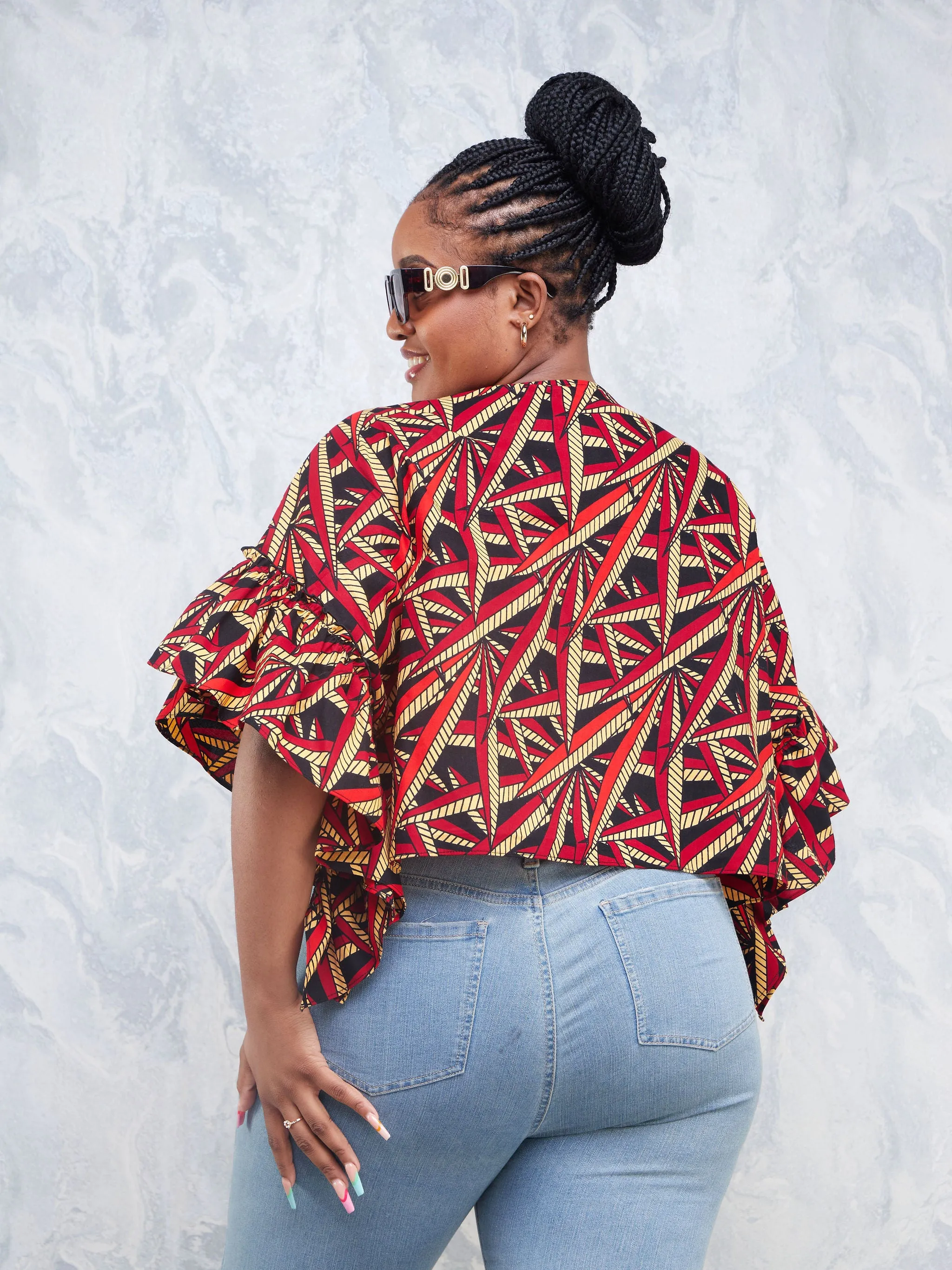 Nimali Side Frill Kaftan - Black/ Red Ankara Print