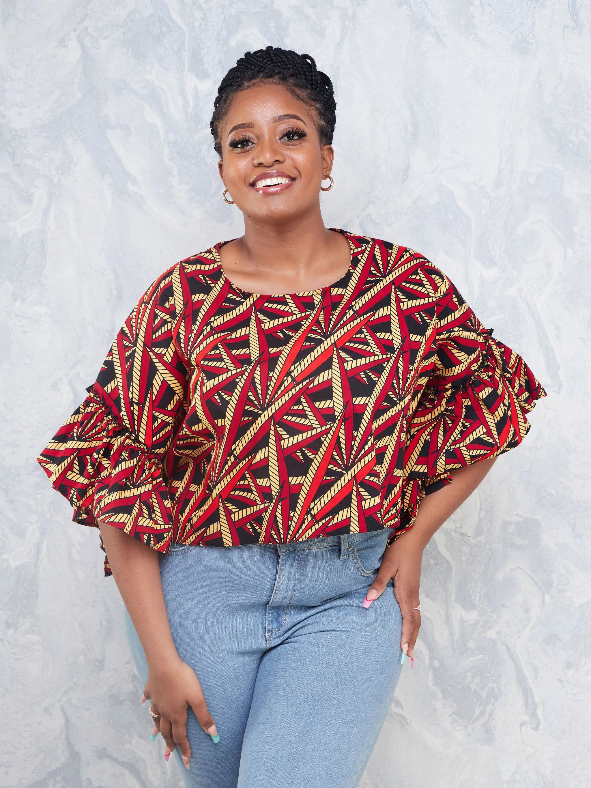 Nimali Side Frill Kaftan - Black/ Red Ankara Print