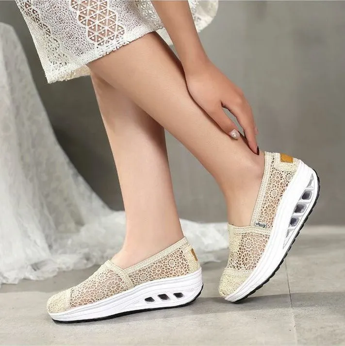 Owlkay - Premium Owlkay Comfy Summer Lace Shoes Breathable Platform Sole Slip On Height Increasing For Women