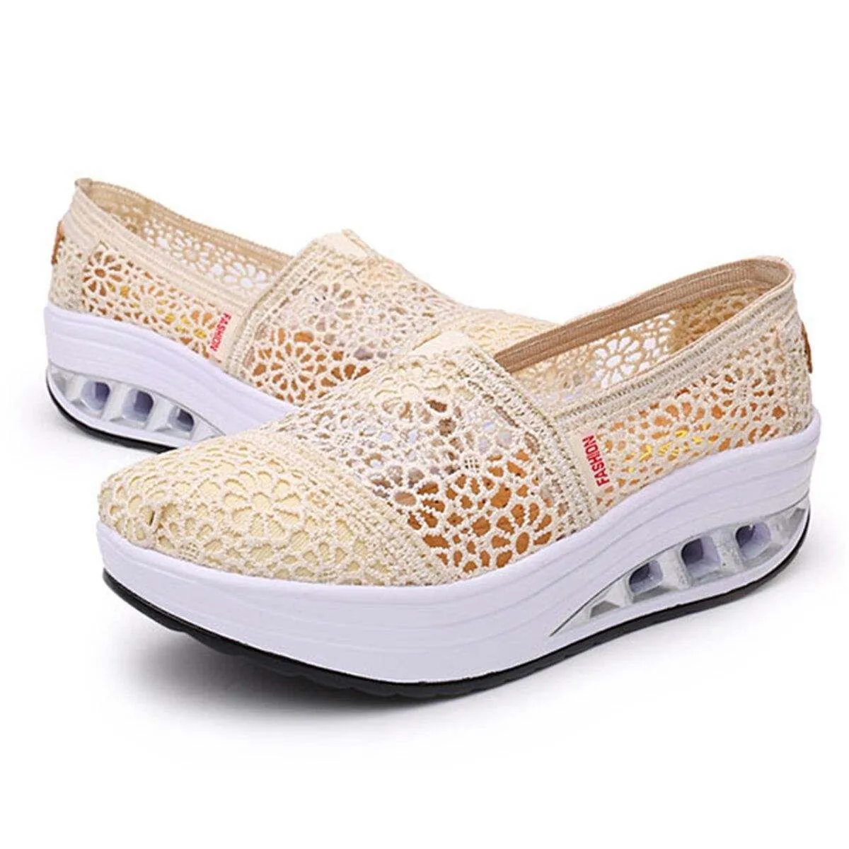 Owlkay - Premium Owlkay Comfy Summer Lace Shoes Breathable Platform Sole Slip On Height Increasing For Women