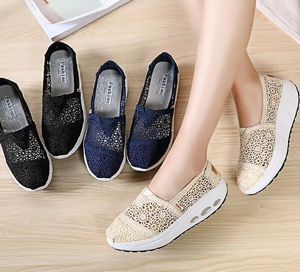 Owlkay - Premium Owlkay Comfy Summer Lace Shoes Breathable Platform Sole Slip On Height Increasing For Women