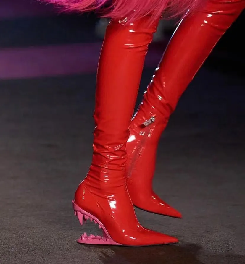 Pointed Toe Over-the-Knee Boots with Teeth Shape Heels