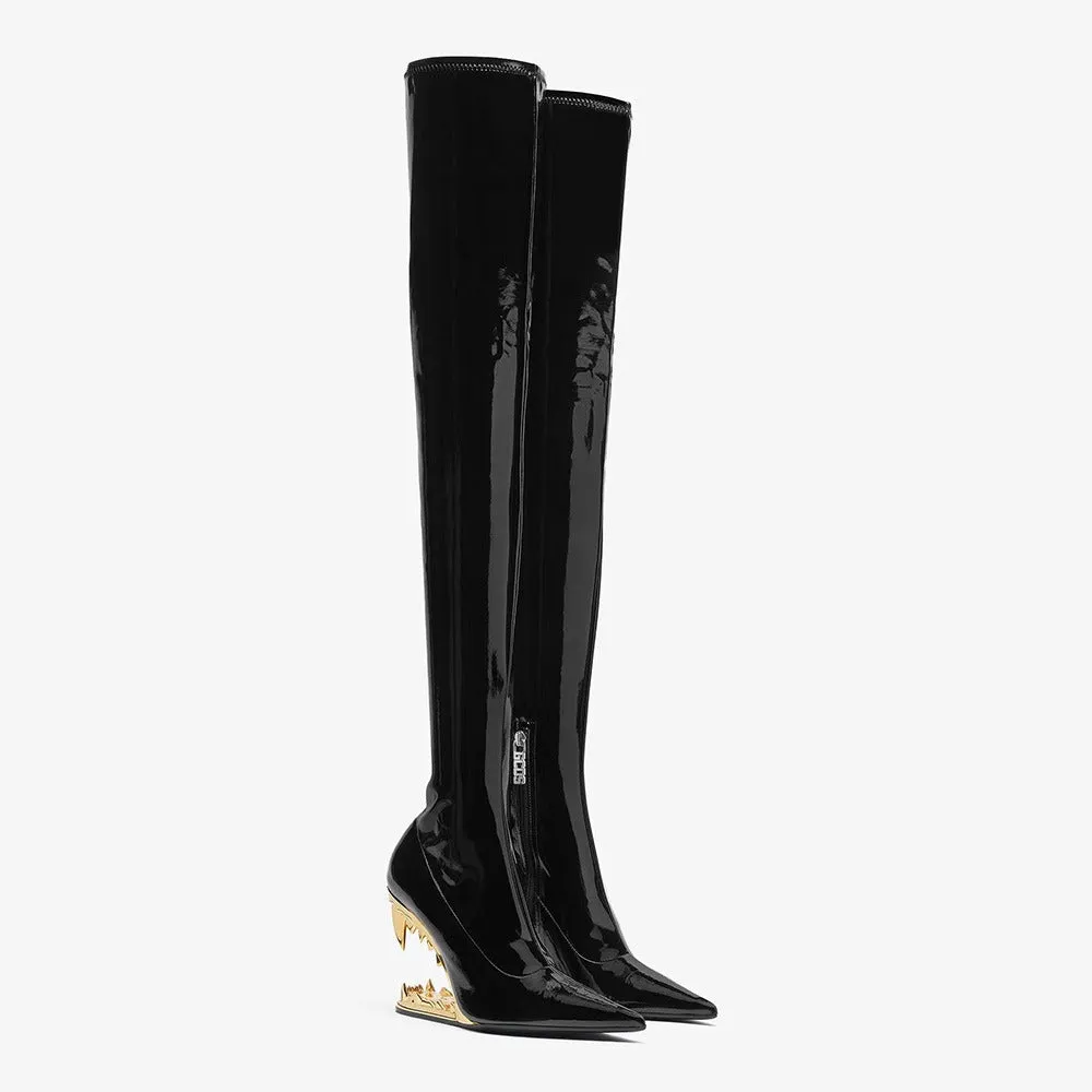 Pointed Toe Over-the-Knee Boots with Teeth Shape Heels