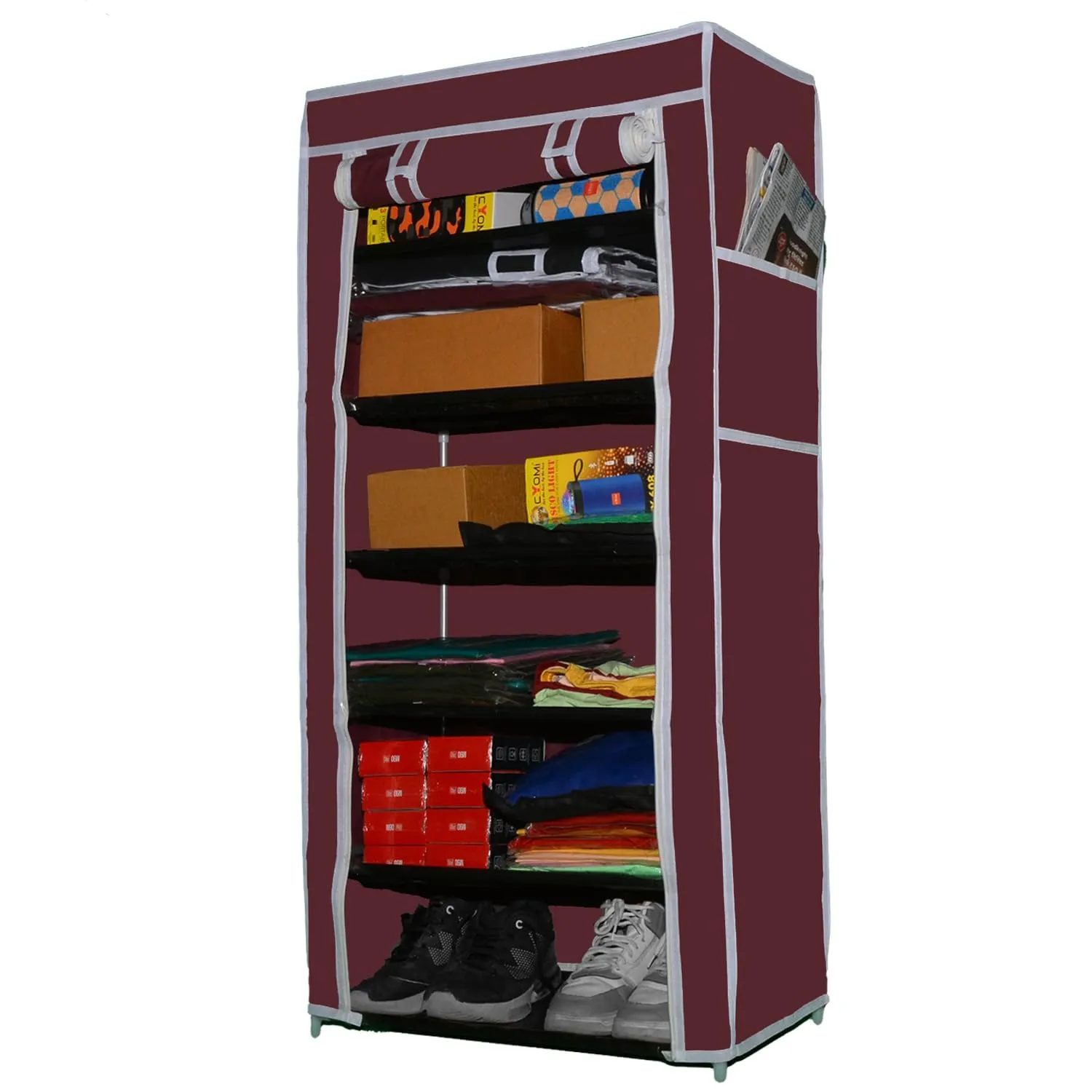 QUARCK Adjustable 6-Tiers Shoe Rack|Portable Multipurpose Storage stand with Dustproof Cover (Iron Pipes, Non Woven Fabric, Plastic Connector) (Maroon)