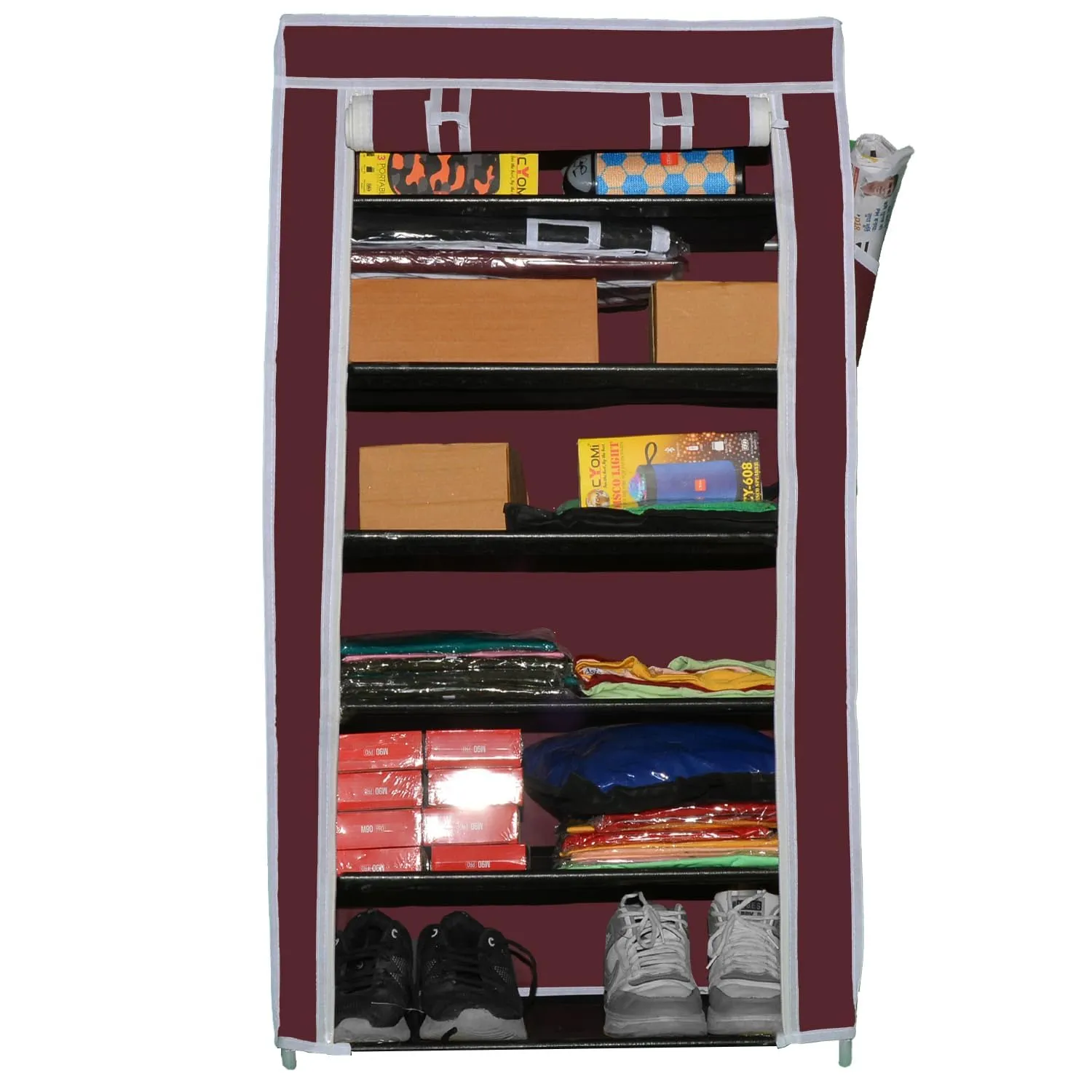 QUARCK Adjustable 6-Tiers Shoe Rack|Portable Multipurpose Storage stand with Dustproof Cover (Iron Pipes, Non Woven Fabric, Plastic Connector) (Maroon)