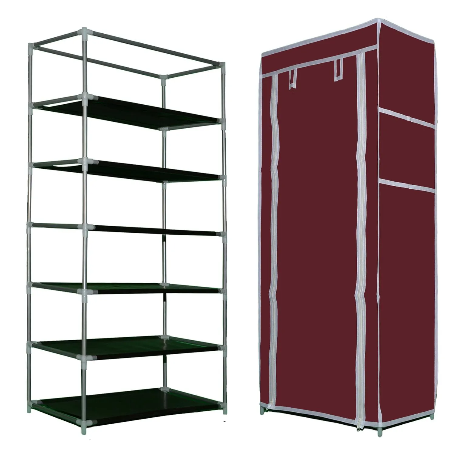 QUARCK Adjustable 6-Tiers Shoe Rack|Portable Multipurpose Storage stand with Dustproof Cover (Iron Pipes, Non Woven Fabric, Plastic Connector) (Maroon)