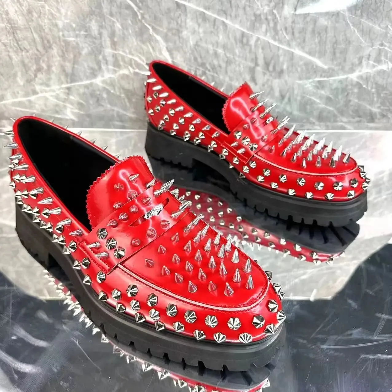 Red Spikes Rivets Leather Loafers