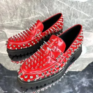 Red Spikes Rivets Leather Loafers