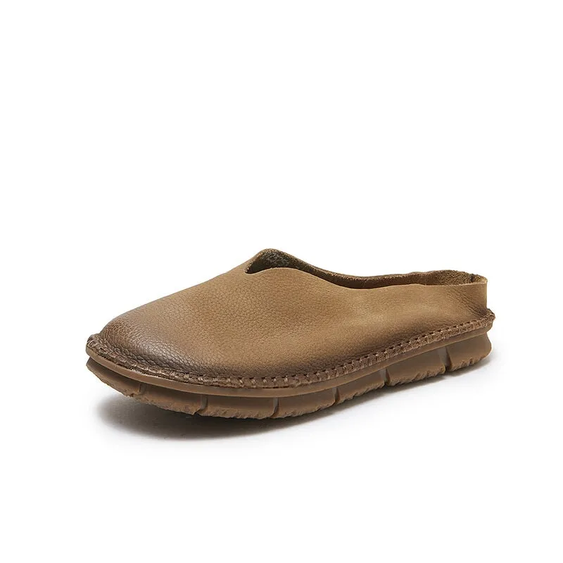 Retro Soft Leather Loafer Mules for Women Backless Loafers in Coffee/Khaki