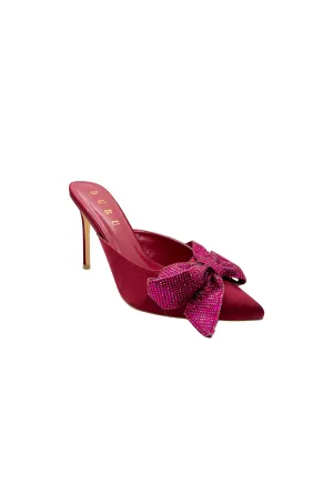 Rhinestone Bow Mules - Bordeaux Satin