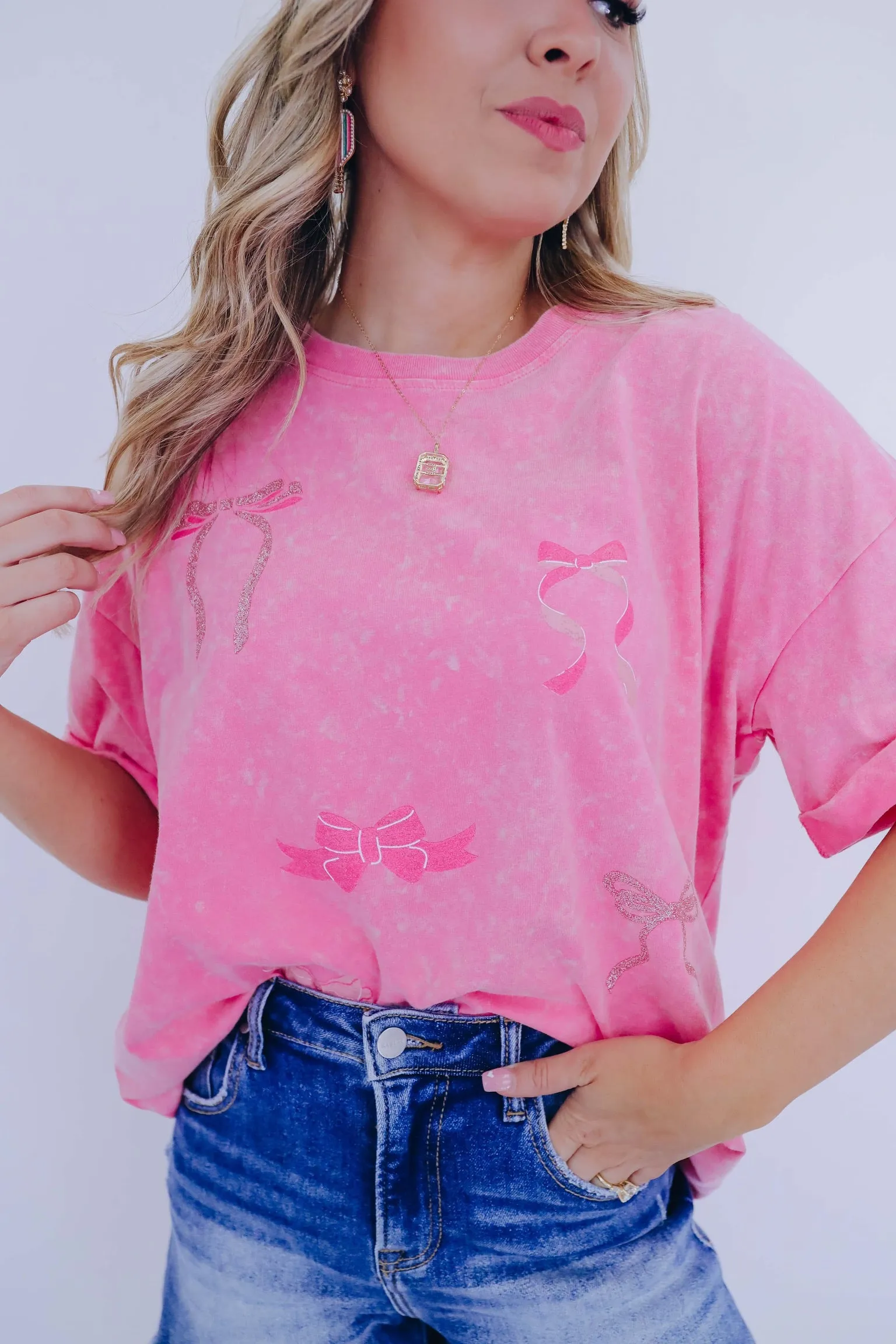 Ribbons & Bows Glitter Graphic Tee - Pink