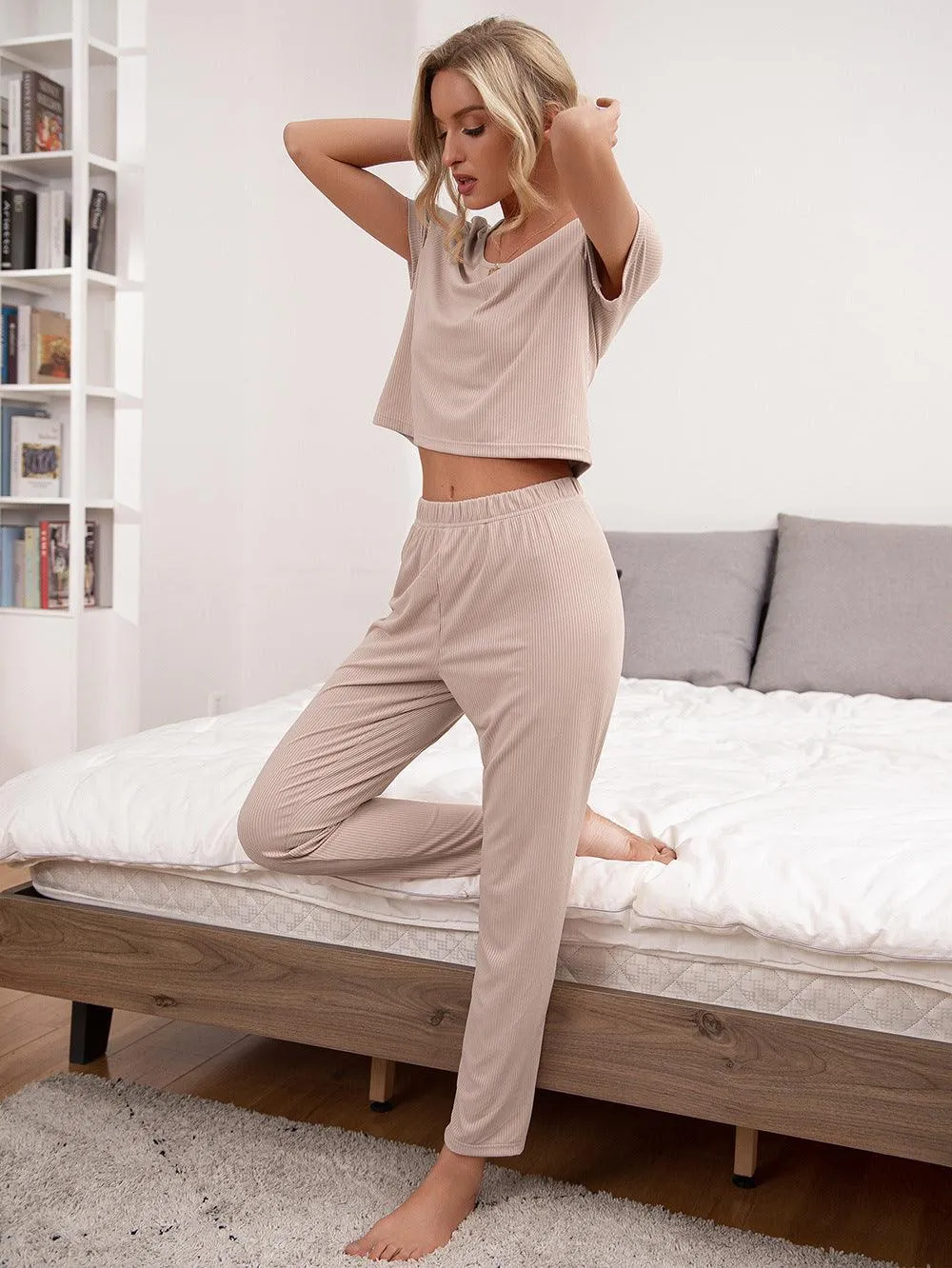 Round Neck Short Sleeve Top and Pants Lounge Set