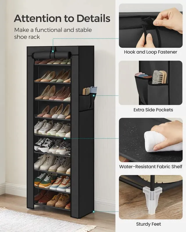 SONGMICS 10-Tier Shoe Rack, Shoe Storage Cabinet with Dustproof Cover, Free-Standing Shoe Storage Organizer for Closet, Entryway, Hold 27-35 Pairs of Shoes, for Sneakers, High Heels, Black URXJ10H