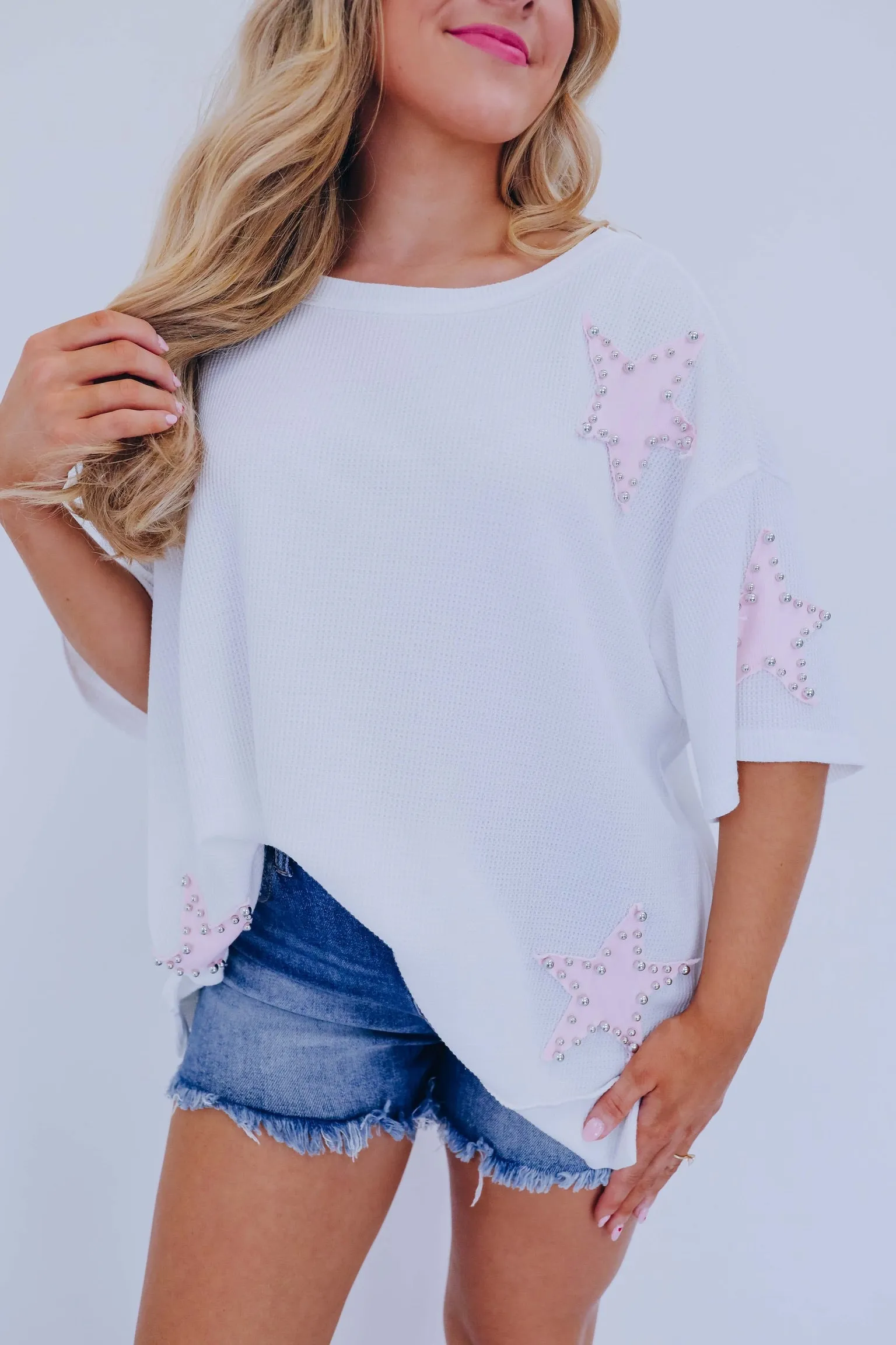 Star Studded Pocketed Top - White/Pink