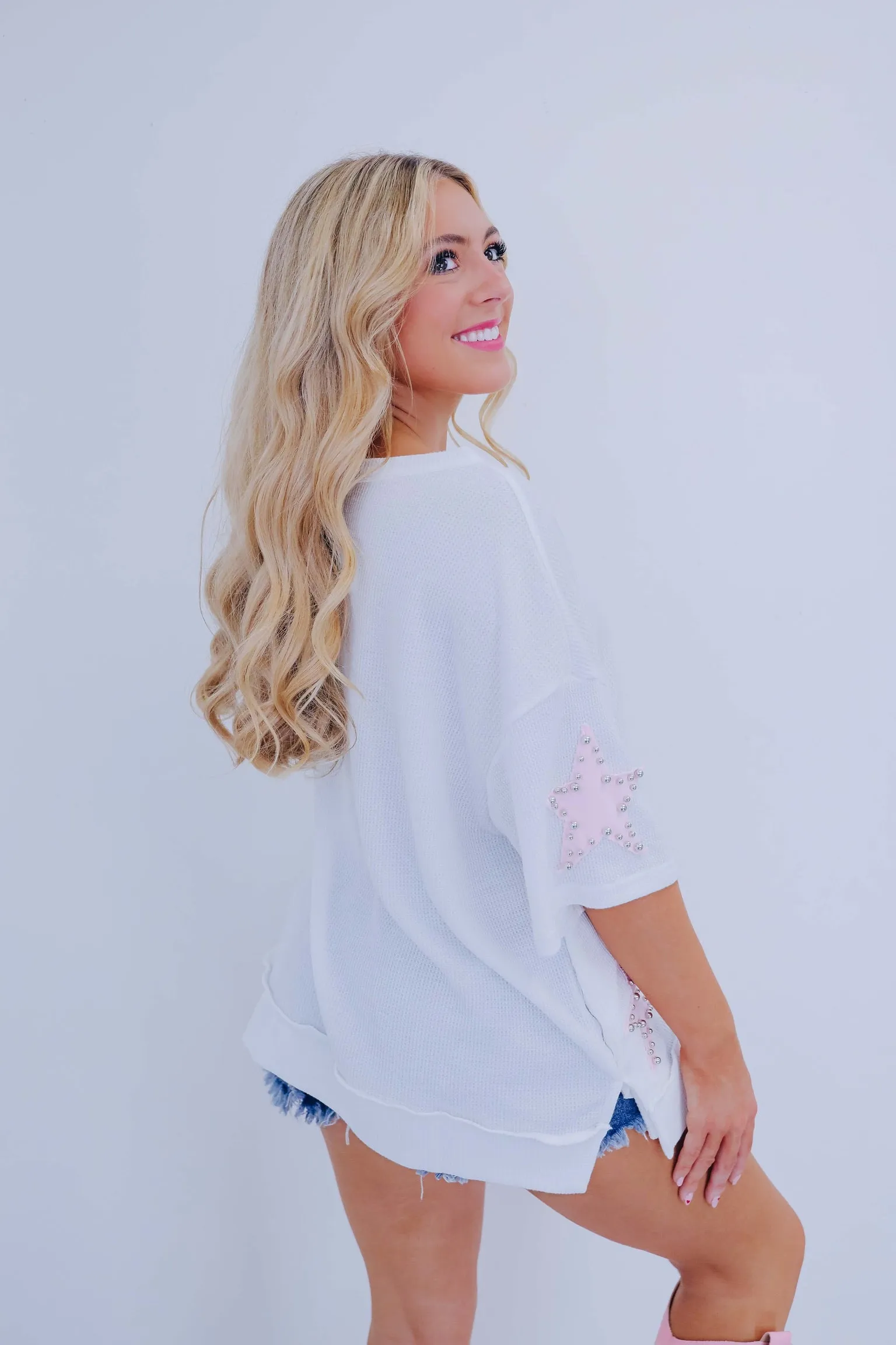 Star Studded Pocketed Top - White/Pink