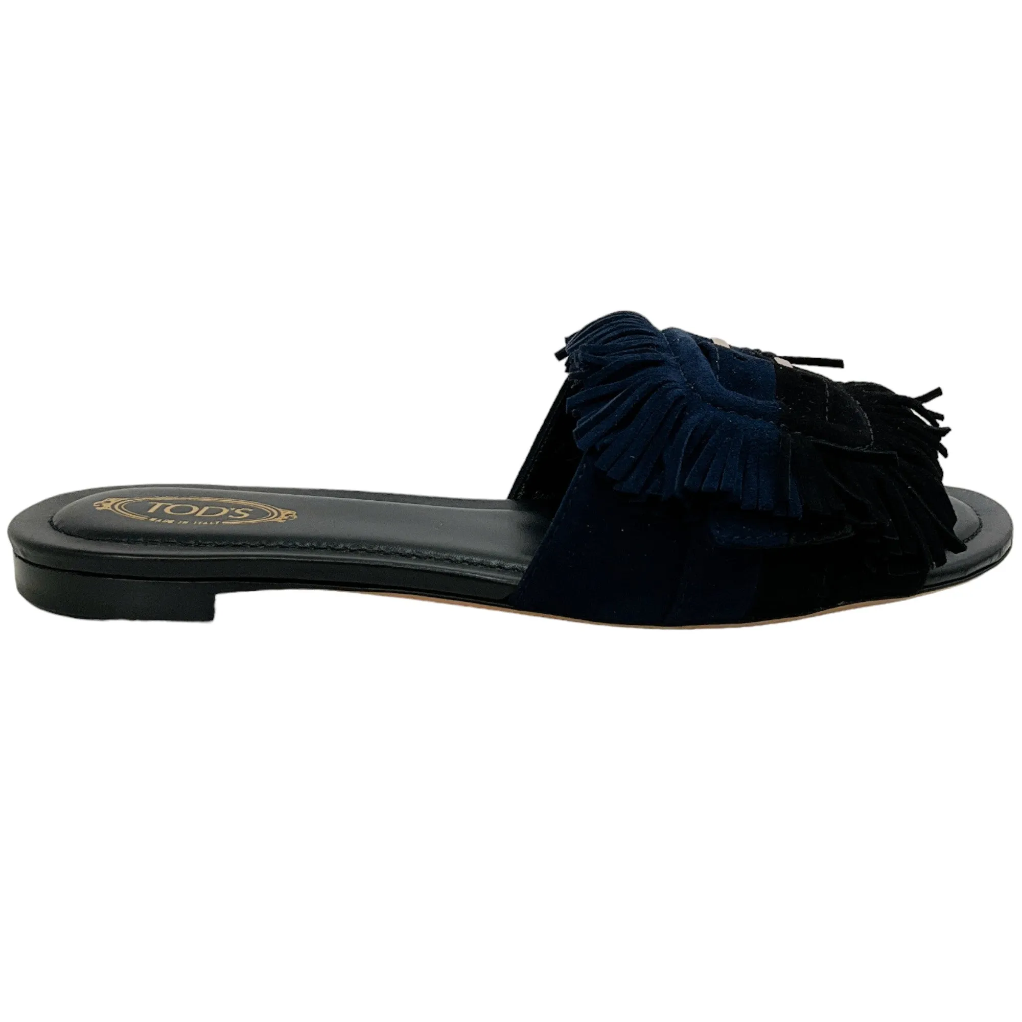 Tod's Black / Navy Blue Suede Fringe Buckle Sandals