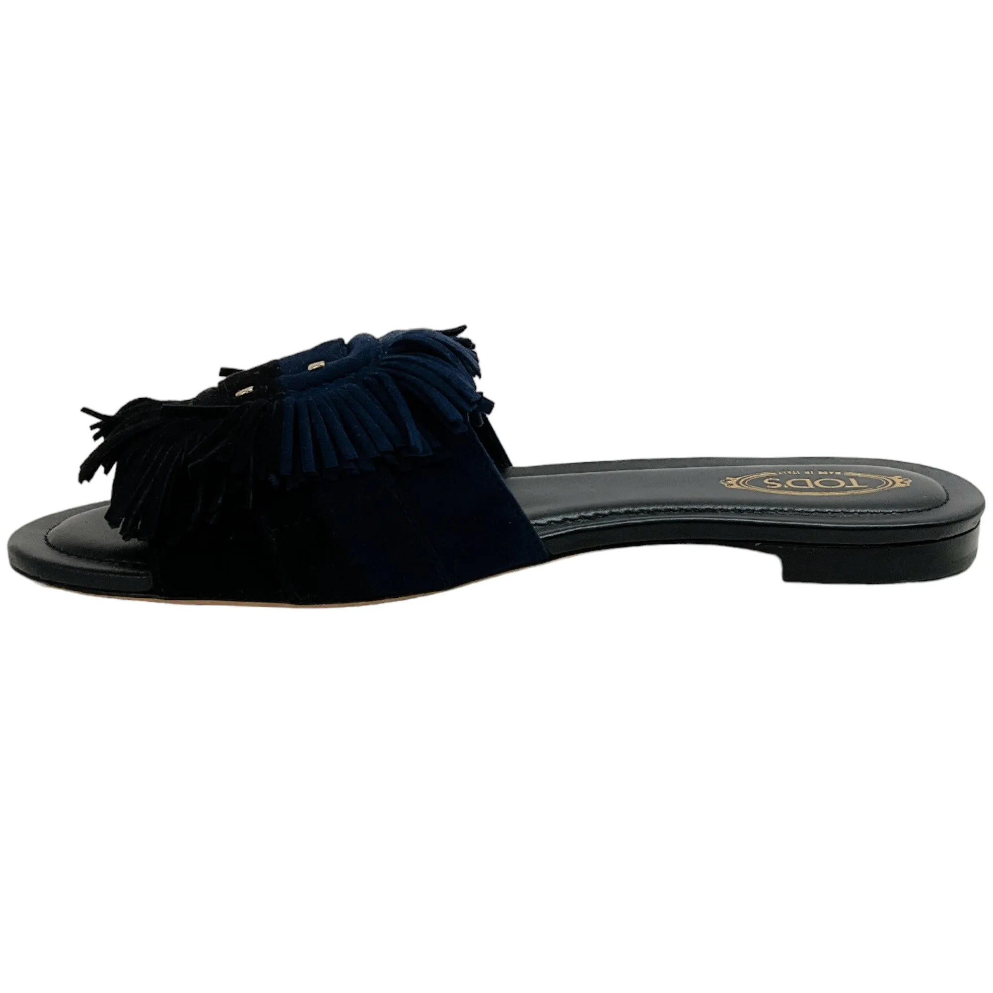 Tod's Black / Navy Blue Suede Fringe Buckle Sandals