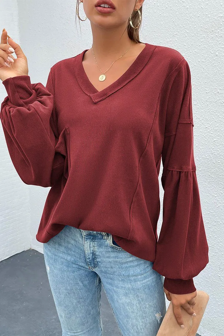 V Neck Tunic Loose Fit Side Slit Ribbed Knit Oversized Blouses