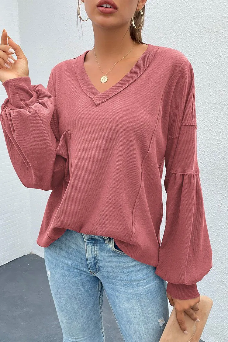 V Neck Tunic Loose Fit Side Slit Ribbed Knit Oversized Blouses