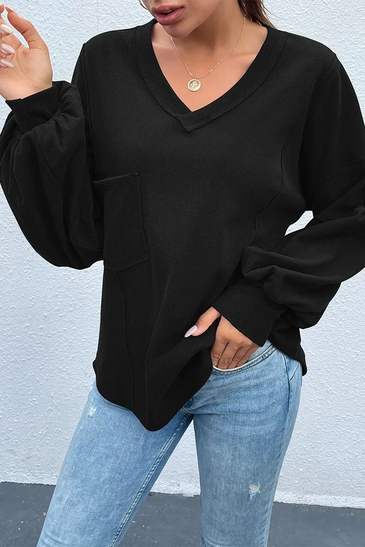 V Neck Tunic Loose Fit Side Slit Ribbed Knit Oversized Blouses