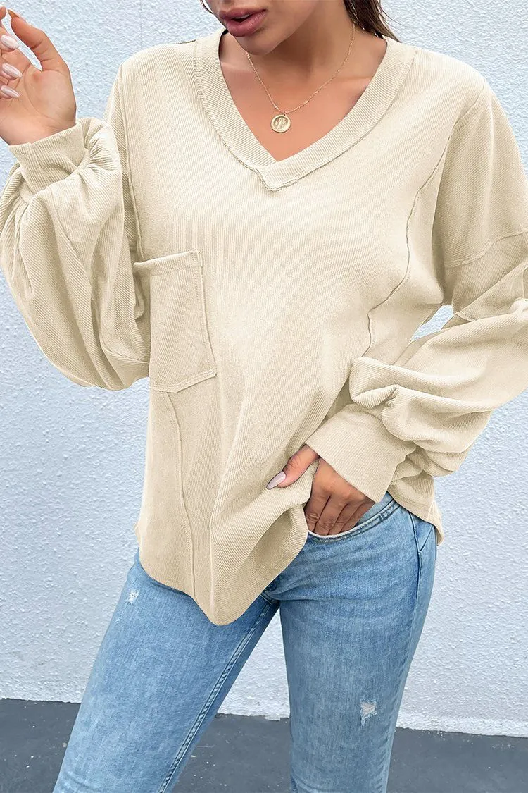 V Neck Tunic Loose Fit Side Slit Ribbed Knit Oversized Blouses