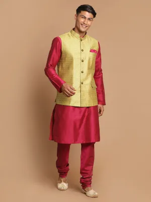 VASTRAMAY Yellow Jacquard Nehru Jacket Set