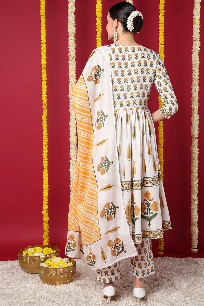 White Pure Cotton Ethnic Motifs Yoke Design Flared Suit Set