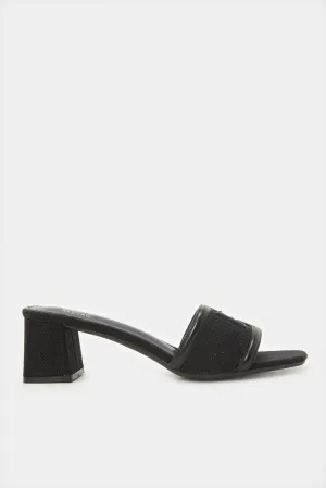 Women Black Raffia Mule With Buckle Trim