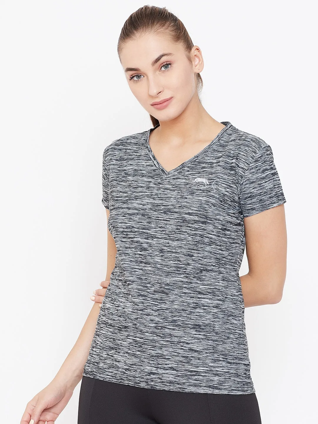 Women Black Solid Active Wear V Neck T-shirt