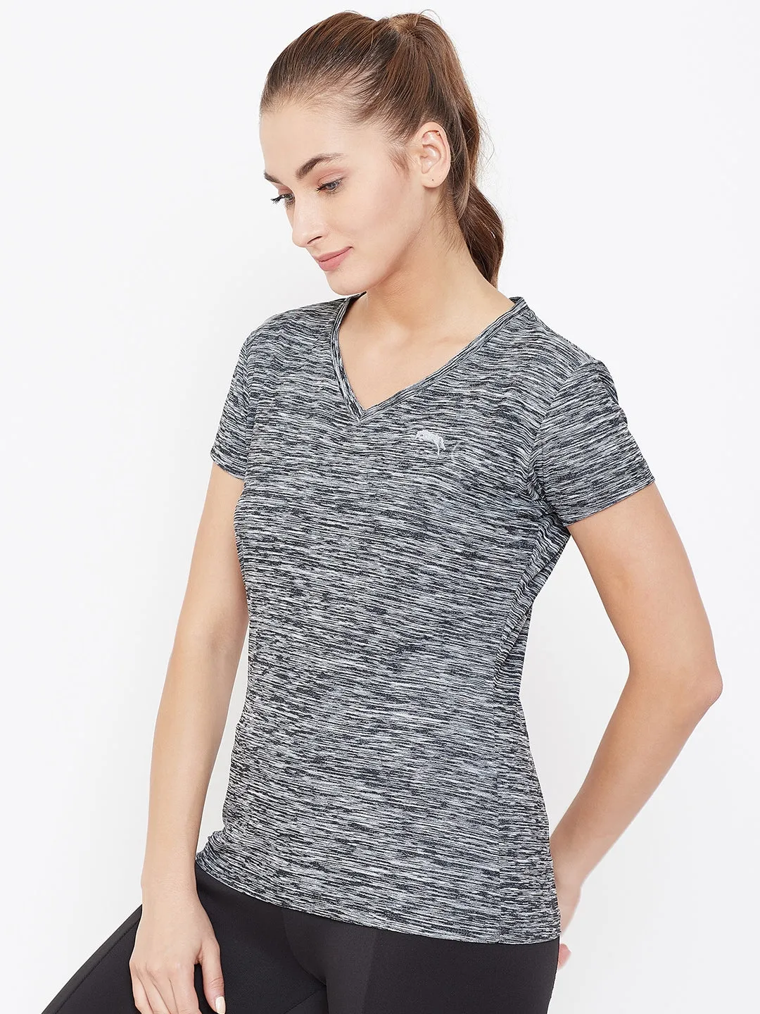 Women Black Solid Active Wear V Neck T-shirt