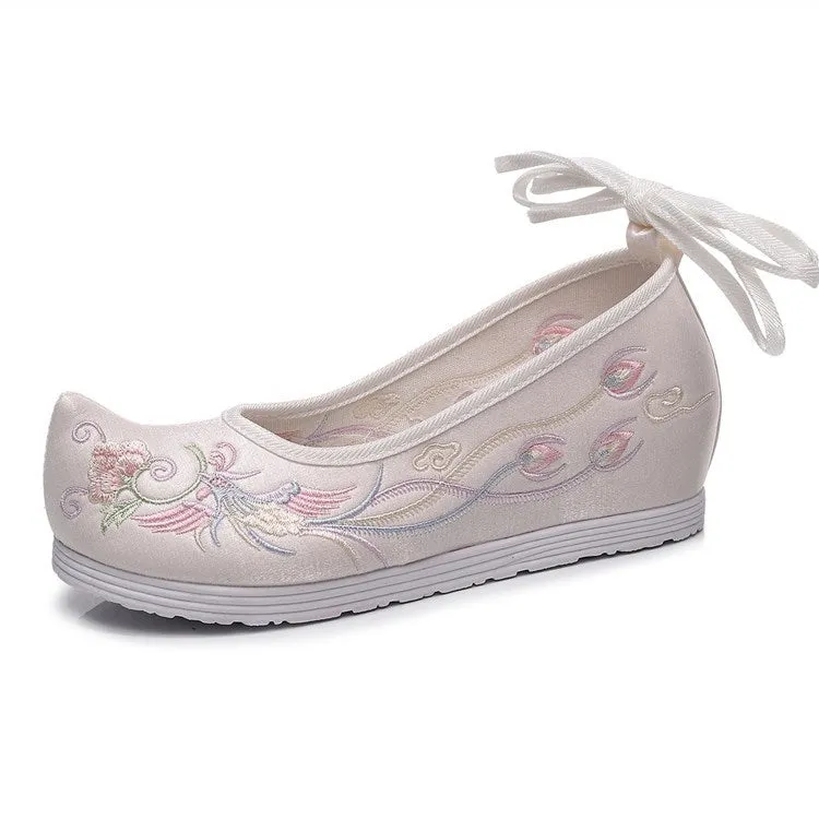 Women's Elevated Embroidered Antique Cloth Warped Head Ancient Costume Bow Canvas Shoes