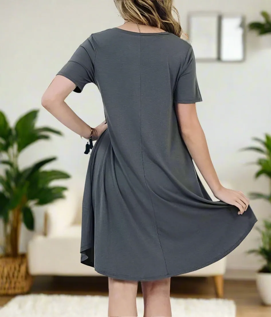 Womens Gray Pocket Dress, Short Sleeve Shift Dress, Sizes S/M/L, Solid Gray