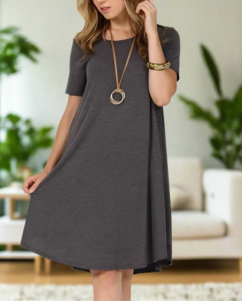 Womens Gray Pocket Dress, Short Sleeve Shift Dress, Sizes S/M/L, Solid Gray