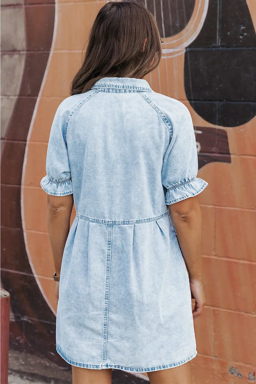 Women's Mineral Wash Ruffled Short Sleeve Buttoned Denim Dress