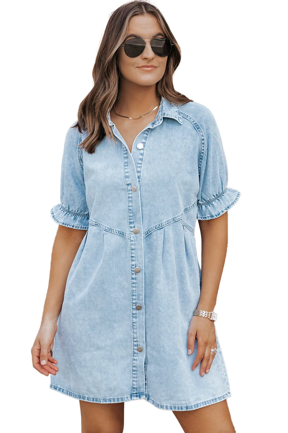 Women's Mineral Wash Ruffled Short Sleeve Buttoned Denim Dress