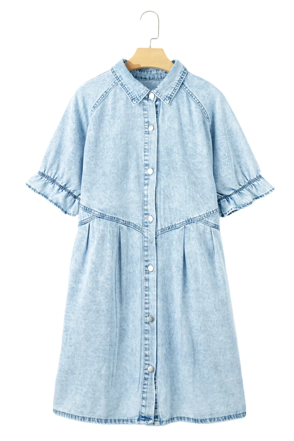 Women's Mineral Wash Ruffled Short Sleeve Buttoned Denim Dress