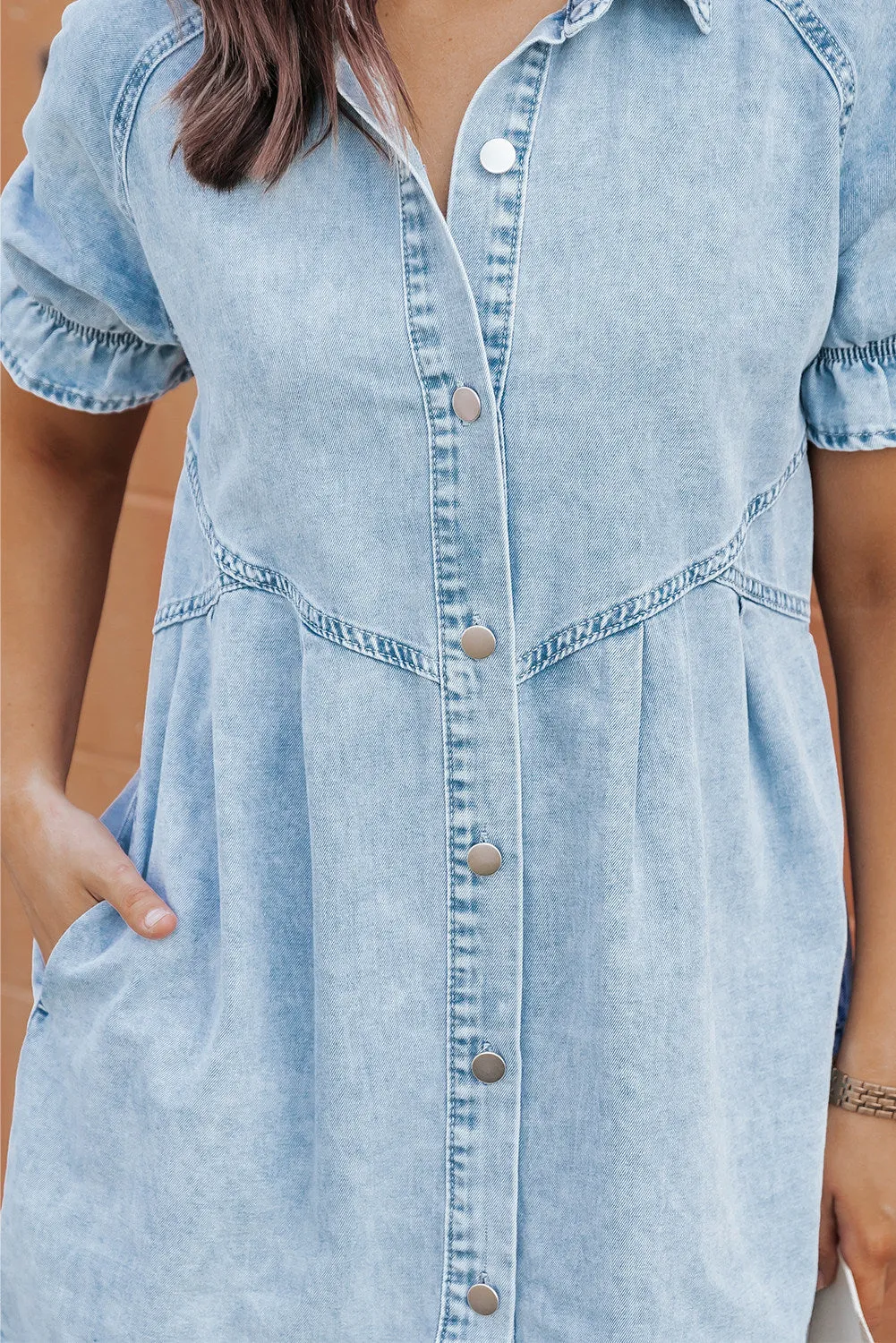 Women's Mineral Wash Ruffled Short Sleeve Buttoned Denim Dress