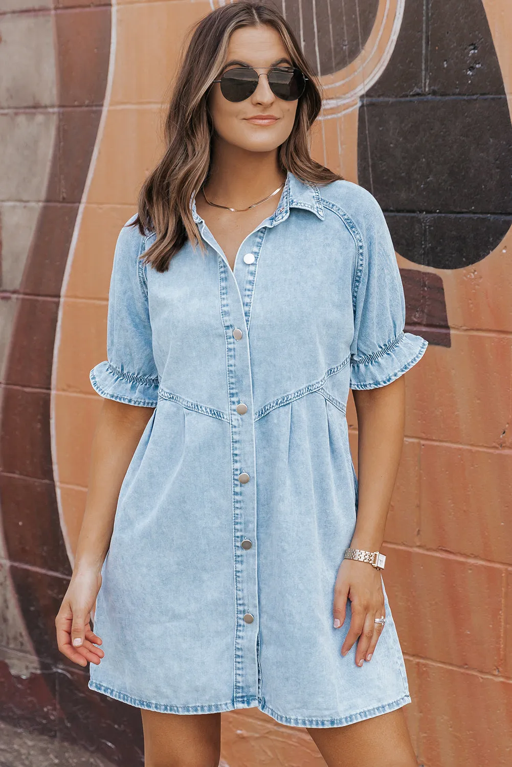 Women's Mineral Wash Ruffled Short Sleeve Buttoned Denim Dress