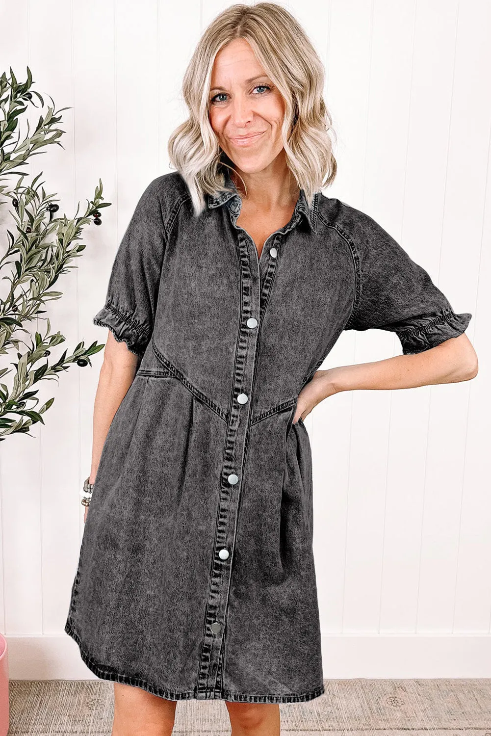 Women's Mineral Wash Ruffled Short Sleeve Buttoned Denim Dress