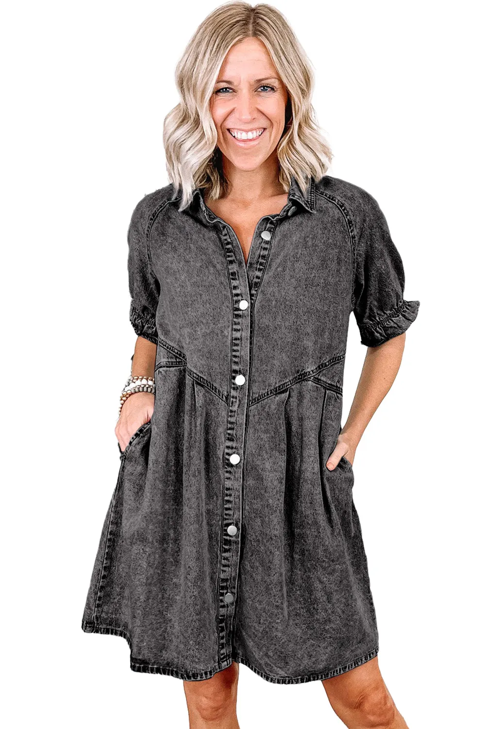 Women's Mineral Wash Ruffled Short Sleeve Buttoned Denim Dress