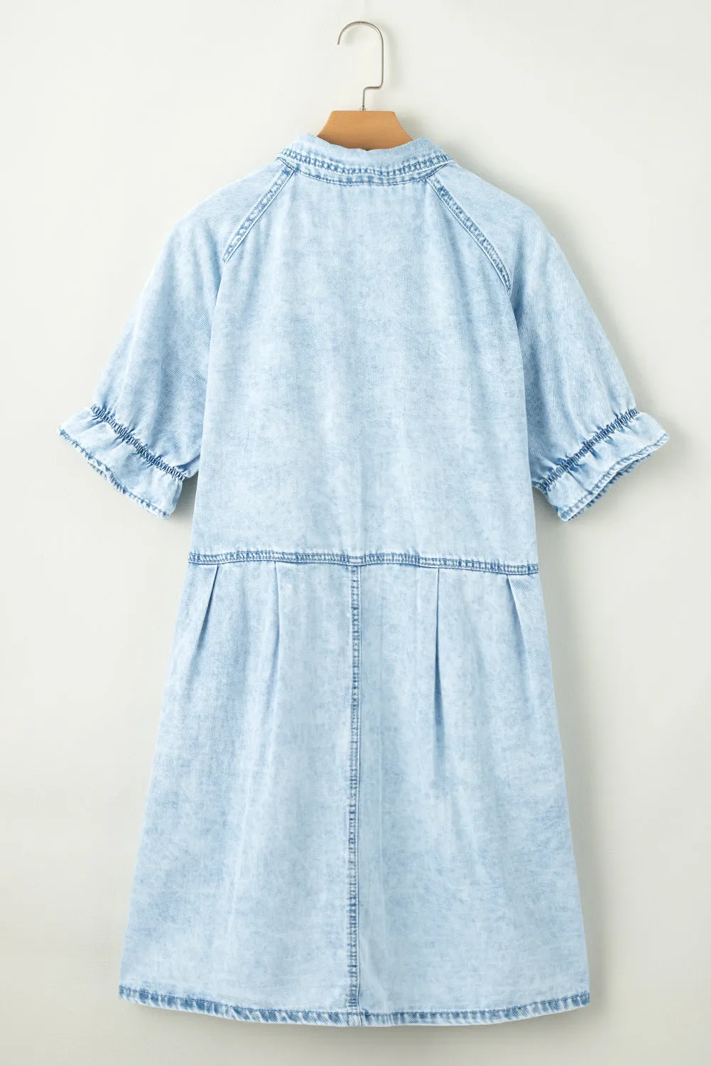 Women's Mineral Wash Ruffled Short Sleeve Buttoned Denim Dress