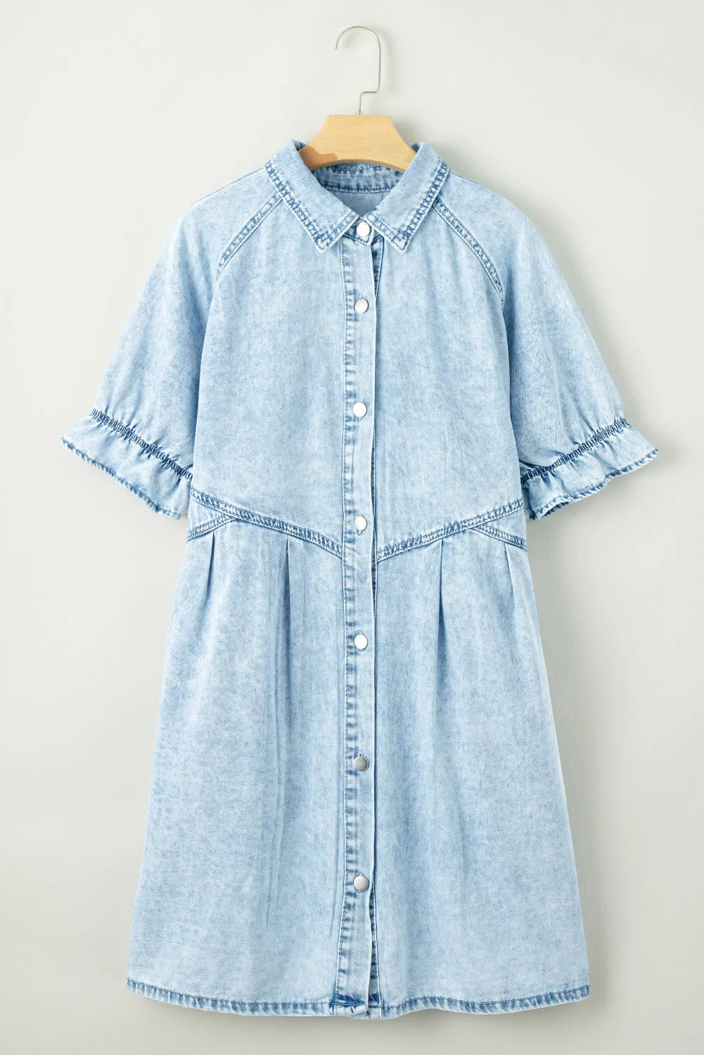 Women's Mineral Wash Ruffled Short Sleeve Buttoned Denim Dress